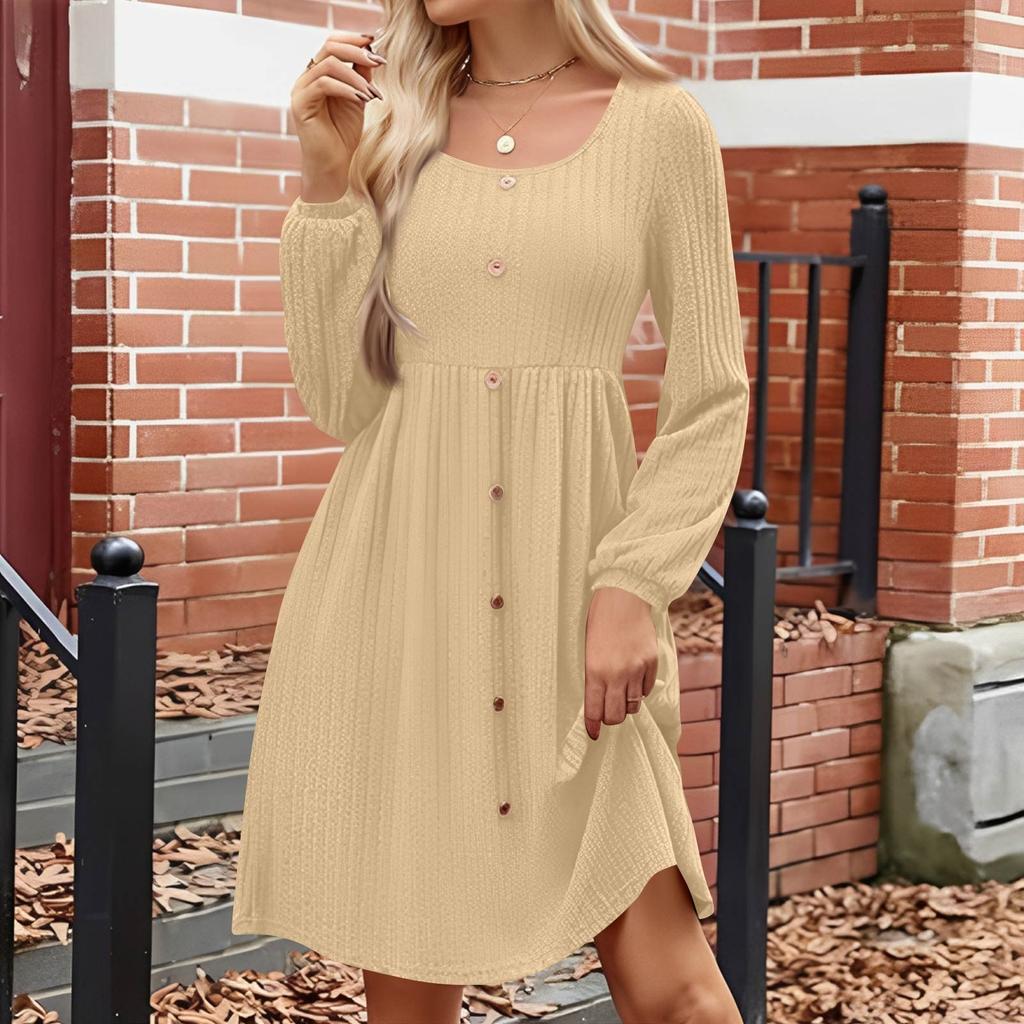 Women's Fashion Round Neck Casual Slim Solid  Waist Long Sleeve Dresses