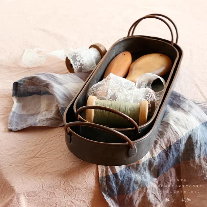 Ellipse Iron Plate Retro and Vintage Iron Tray Bread Dessert Delicious Food Photography Props Metal Storage Tray Serving Plate