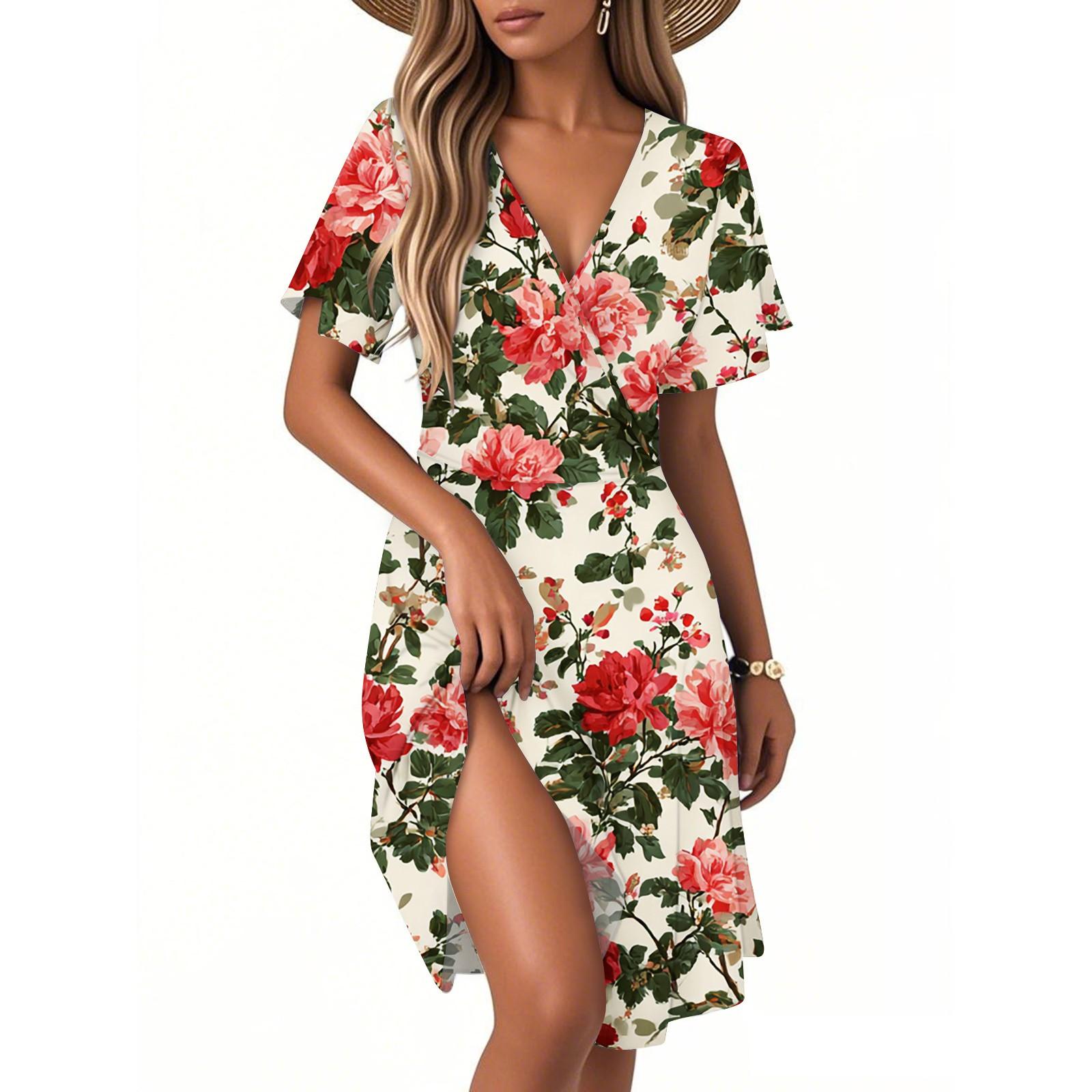

Женское модное платье-сарафан с запахом и коротким рукавом, V-образным вырезом и цветочным принтом M красный