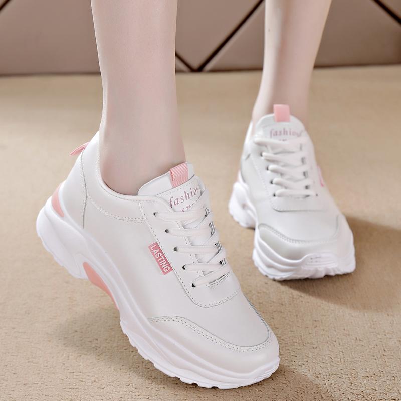 Women PU Leather Chunky Shoes Woman Platform Height Increased Sneakers 4CM Thick Sole Wedges White Casual Comfortable Vulcanized