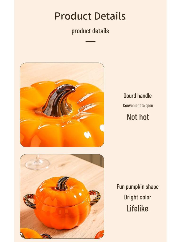 Kürbisförmige Keramik-Suppenschüssel mit Deckel - Großes Doppelohr-Design, Perfekt zum Servieren von Schneckenreisnudeln oder Nudelgerichten