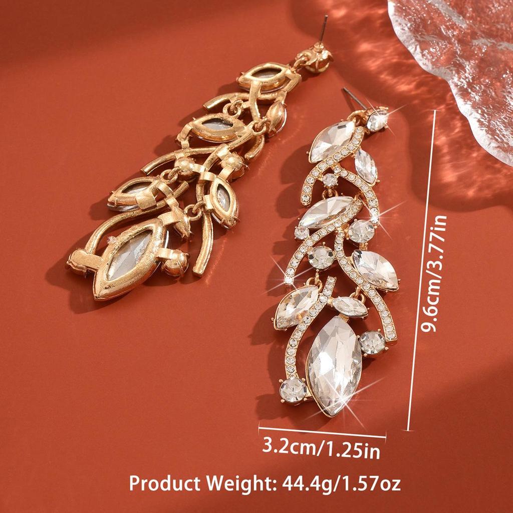 TEMU Luxury Colorful Crystal Leaf Earrings for Women - Fashionable High-End Banquet Accessories