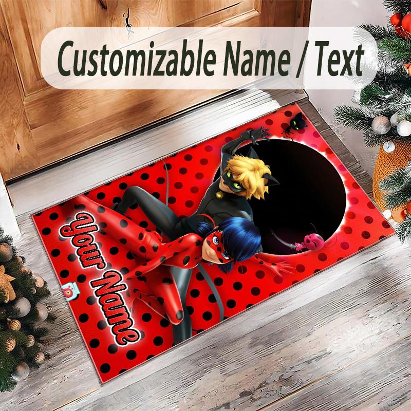 Tappeto in Cristallo di Velluto Personalizzato con Nome e Testo, Tappeto Antiscivolo Miraculous Ladybug per Decorazione Domestica