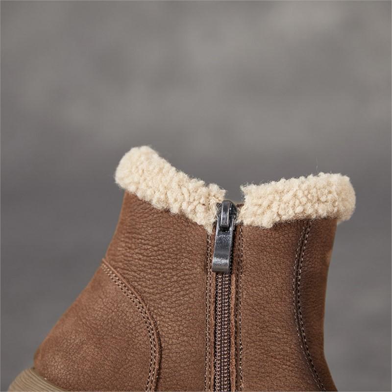 Johnature Genuine Leather Plush Warm Ankle Boots Round Toe Soft Soled Versatile Women's Cotton Boots