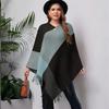 Plus Size Women Color Block Knit Cape Sweater, Batwing Sleeve Pullover Shawl for Autumn Winter