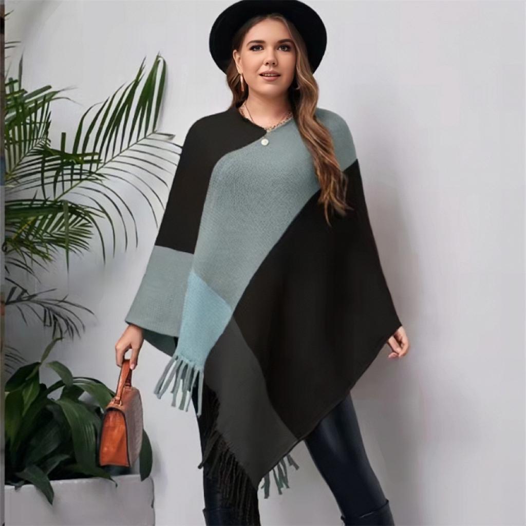 Plus Size Women Color Block Knit Cape Sweater, Batwing Sleeve Pullover Shawl for Autumn Winter