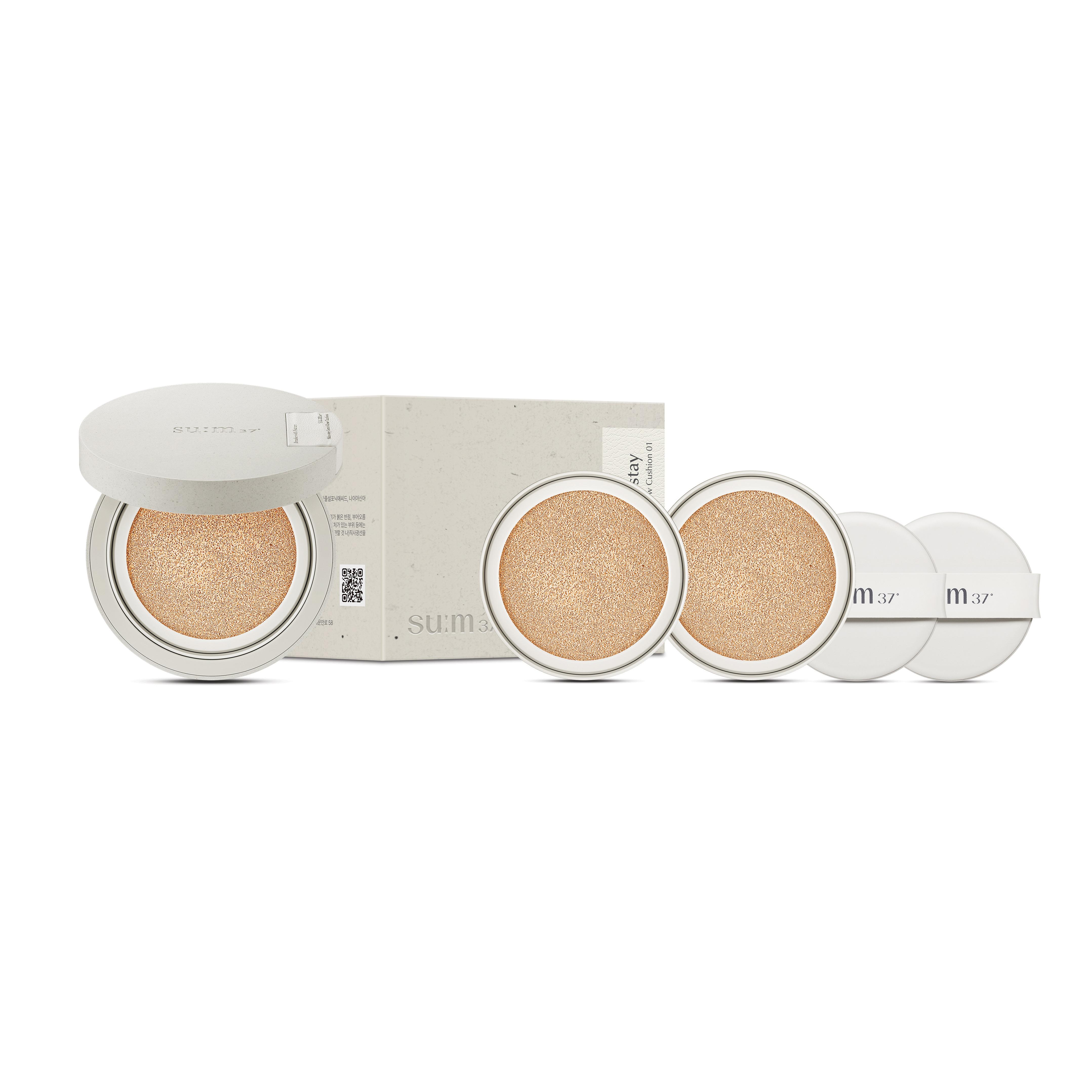 su:m37 Skin-Stay Soft Glow Cushion Foundation Hydrating Radiant SPF50+ PA+++ 13g + Refill 13g x 2, 01 Light Beige