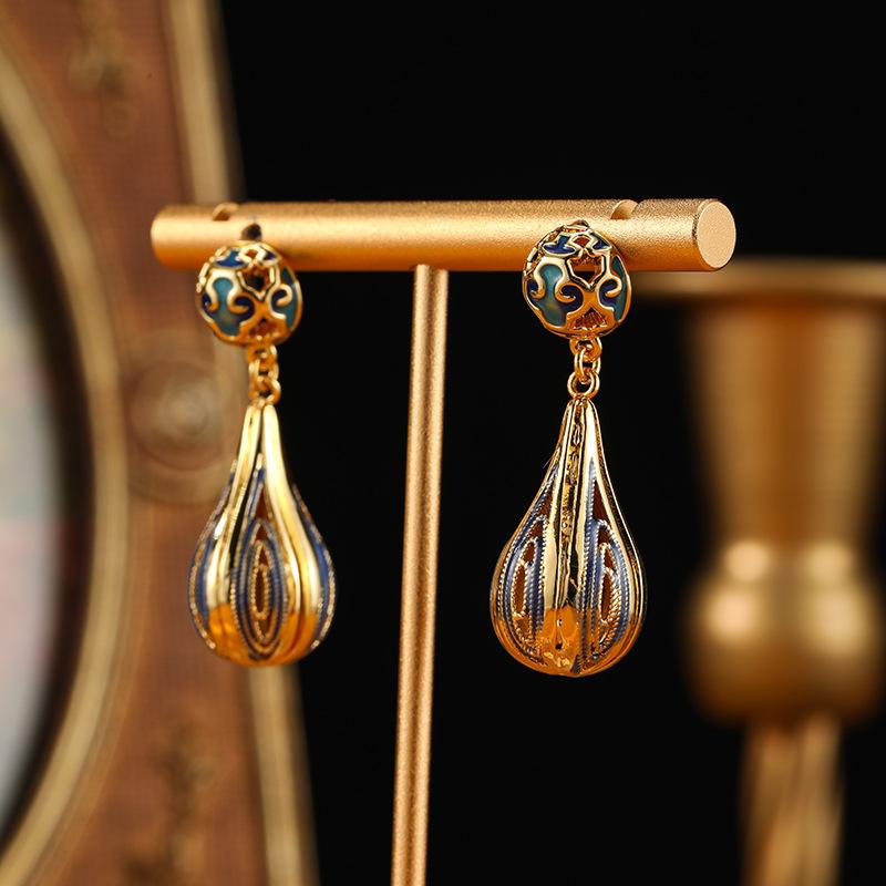 SUYU Copper Carved Enamel Oil Drop Ethnic Style Retro Earrings Long Women's Light Luxury Earrings Fashion Jewelry Accessories