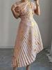 Asymmetrical Shoulder Gold Foil Pleated Dress for Women