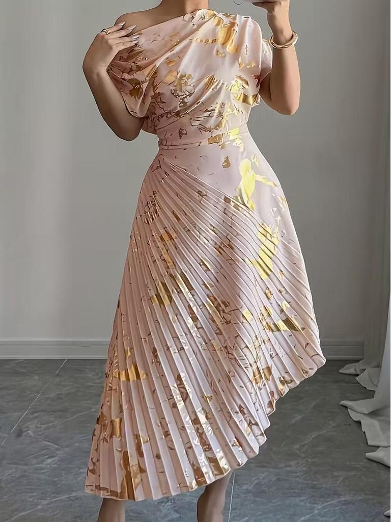 Asymmetrical Shoulder Gold Foil Pleated Dress for Women