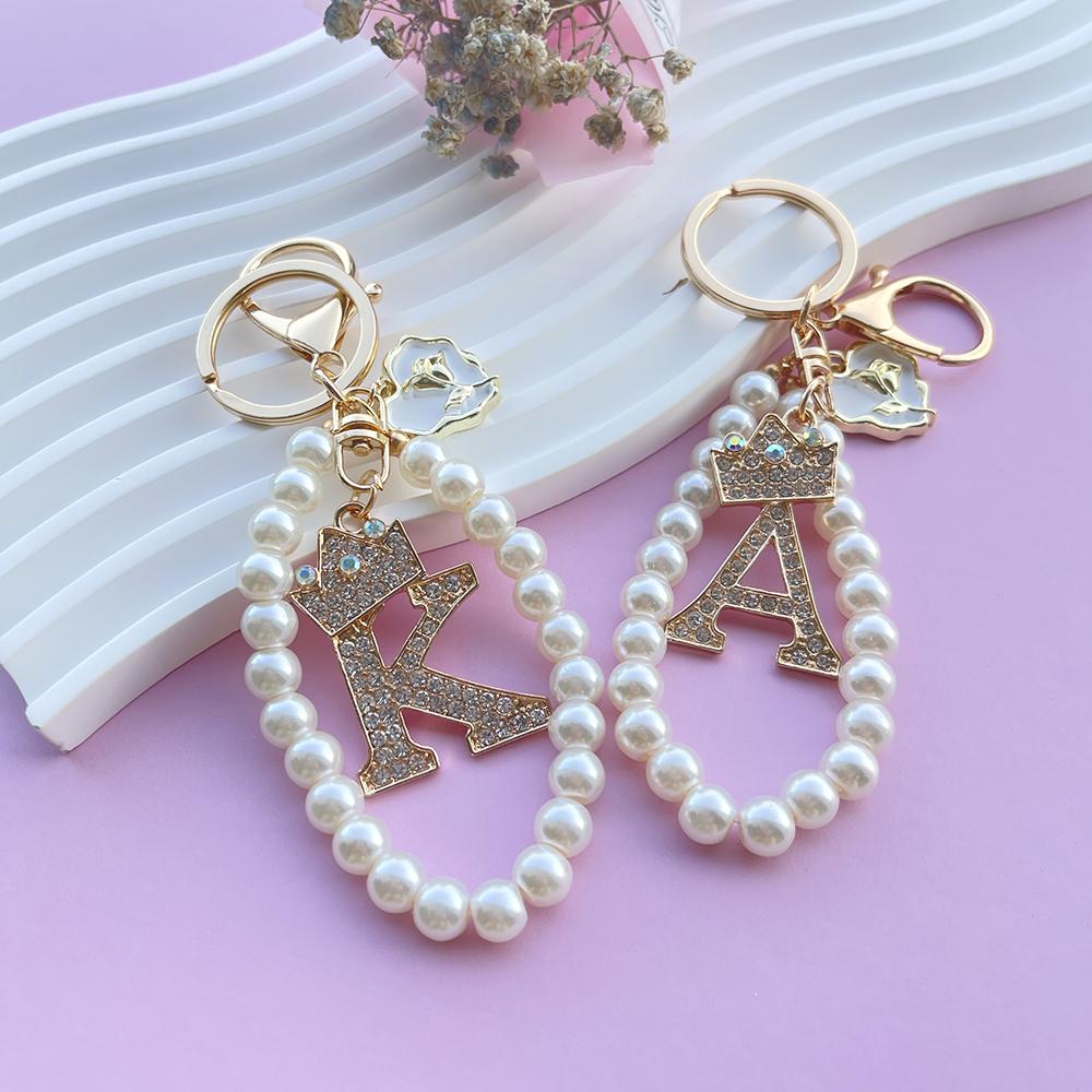 Boutique Crown A-Z 26 Initial Letters Rose Keyring Crystal Faux Pearl Resin Beaded Keychain Bag Pendant Women Girl Gifts Jewelry