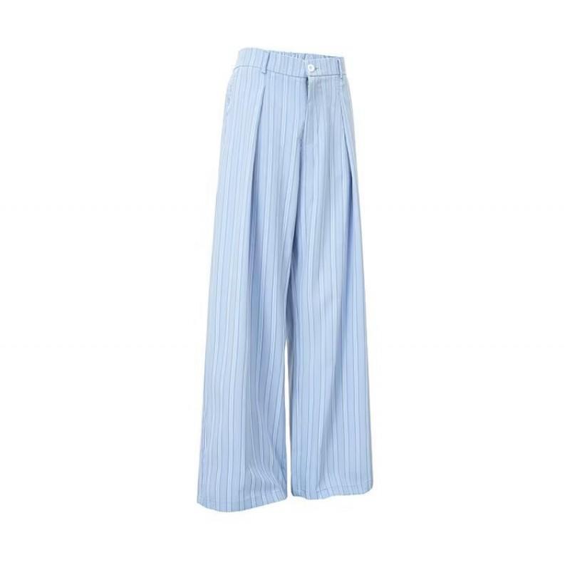 Mens Light Blue Striped Pleated Wide Leg Trousers Thin Loose Casual Pants Work Daily