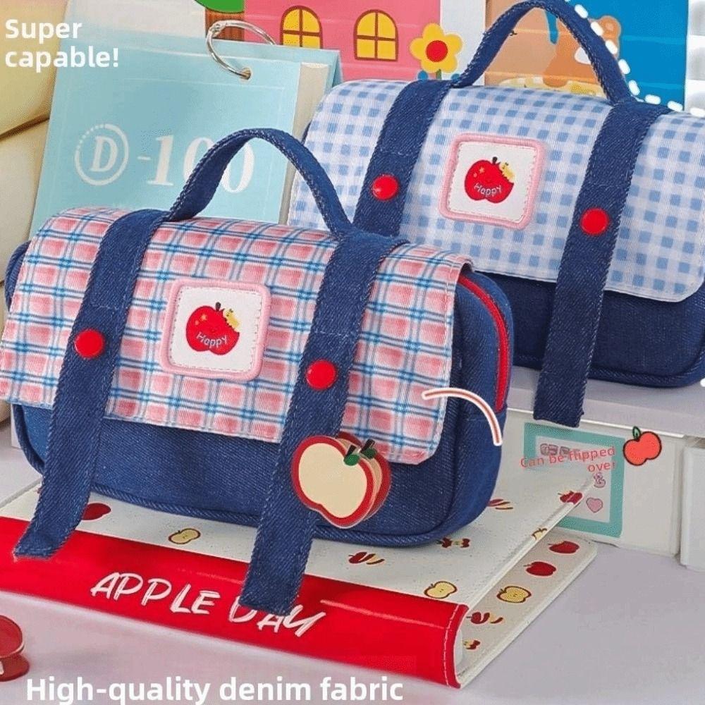 Plaid and Dots Fruit Cowboy Pencil Case Denim Dopamine Pencil Pouch Grid Stationery Bag  Girls