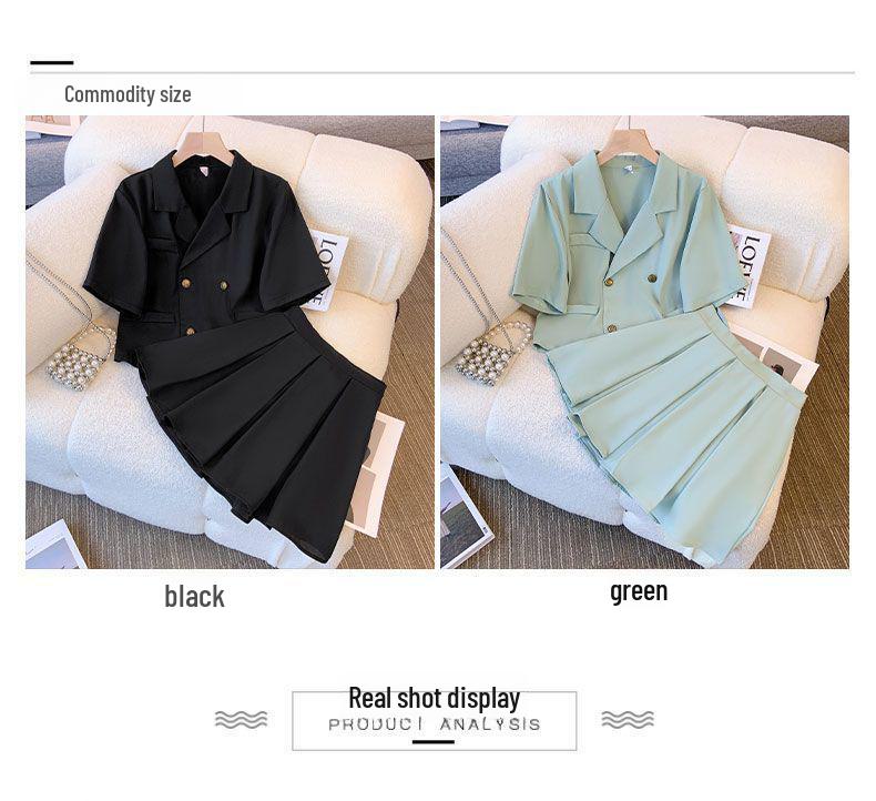 Korean-Style Plus Size Pleated Skirt Suit with Irregular Collar Top