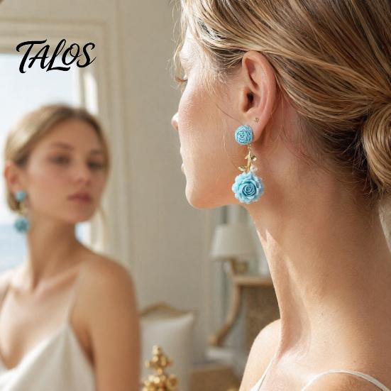 Bohemian Style Earrings 1 Pair Boho Raffia Ball Flower Earrings, Handmade Leaf Romantic Branch Drop Dangle Wedding Bridal Party Jewelry for