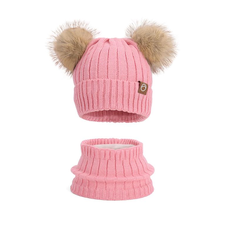 Children's hats Outdoor warm three-piece set Boys and girls fleece ear protector pullover hat Cute hairball knitted wool hat