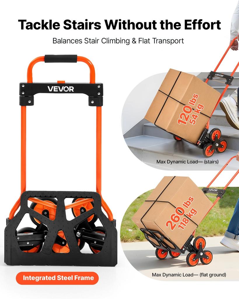 Stair Climbing Cart, 54 Kg Stair-Climbing Capacity, Portable Folding Trolley Cart with Telescoping Handle, 6 Wheels and 2 Bungee Cords, Stair Climber