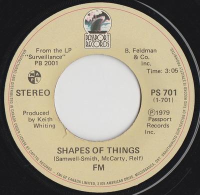 7inch Record FM - Shapes Of Things PS701 Passport Record 1979 Canada Rock Used