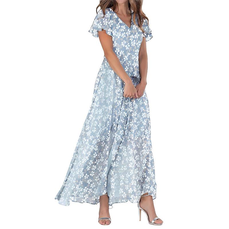 Summer long dress V-neck short-sleeved printed chiffon dress elegant temperament