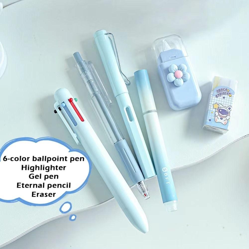 6Pcs/Set 6 Color Pens Student Tools Gift Kit Large Capacity Learning Gift Box Desktop Organizer