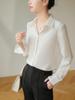 Women's Ash Blue Satin Long Sleeve Shirt - Retro Hong Kong Style, Spring Commute, Concealed Placket, Versatile Drapey Blouse