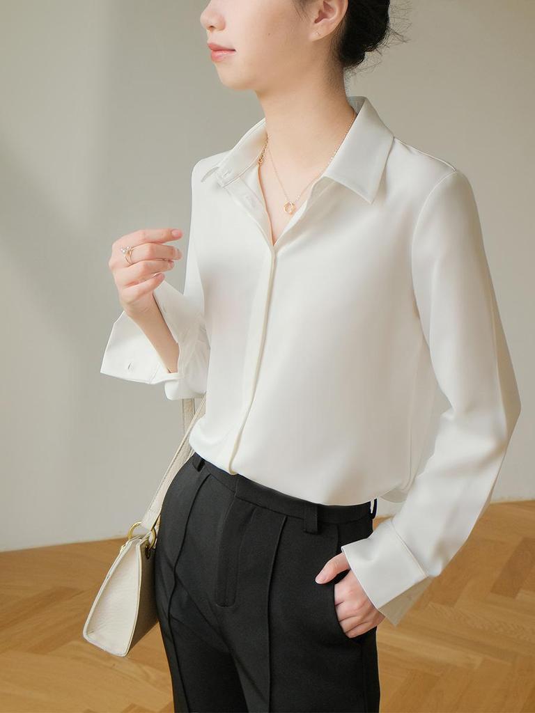 Women's Ash Blue Satin Long Sleeve Shirt - Retro Hong Kong Style, Spring Commute, Concealed Placket, Versatile Drapey Blouse