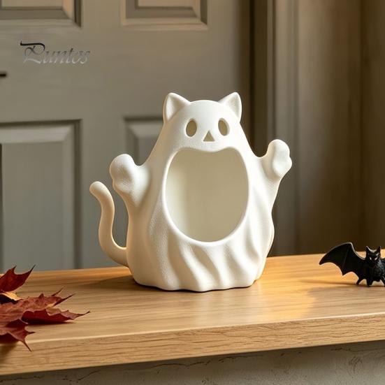 Ghost Figurine Storage Holder 3D Printed Halloween Cat Holder, Decorative Kitten Statue with Cute Spooky Home Decorations Hollow Storage, Candy Bowl,
