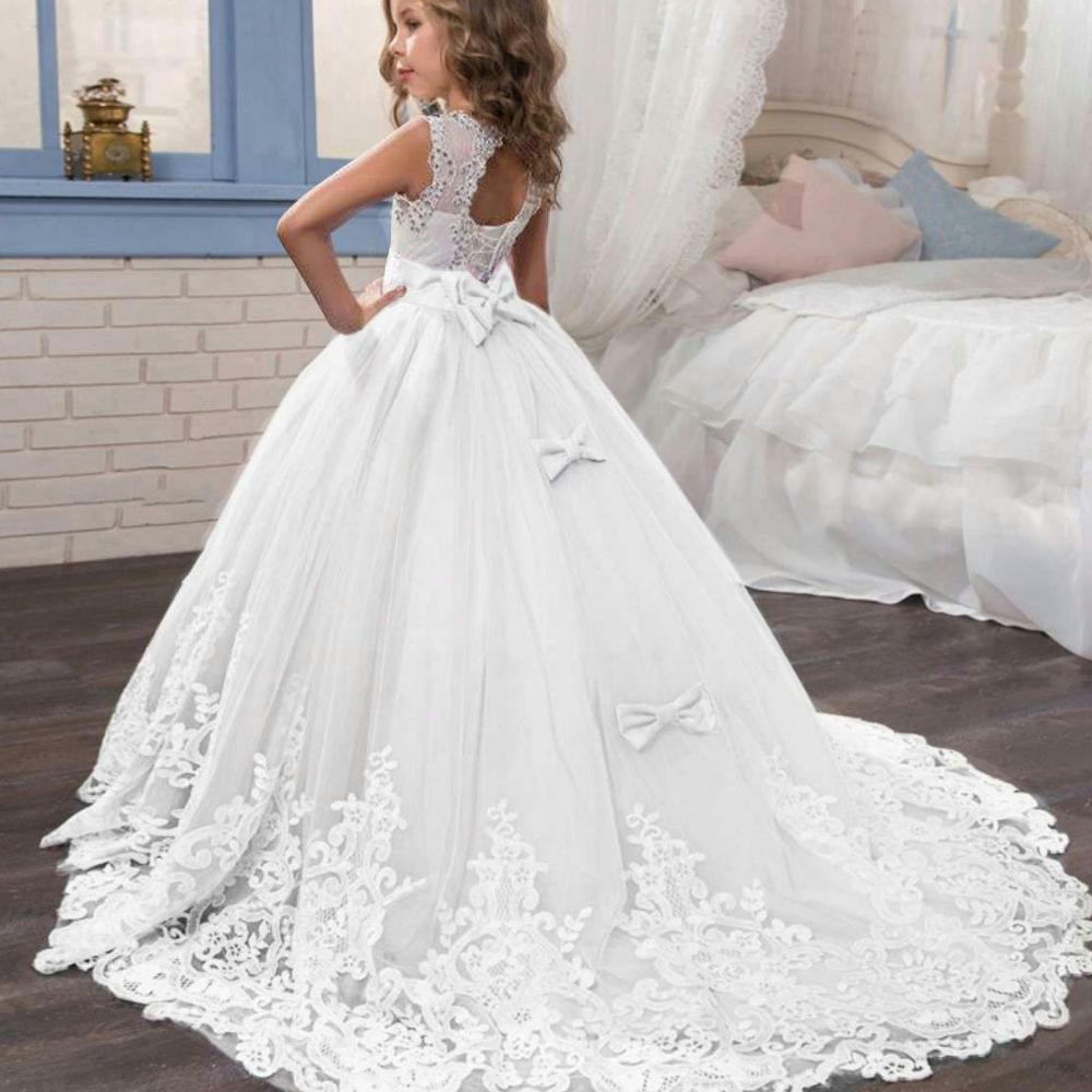 Elegantes Prinzessinnenkleid mit Puffärmeln und Spitze für Mädchen - Formelles Hochzeits-Blumenmädchenkleid mit Schleppe