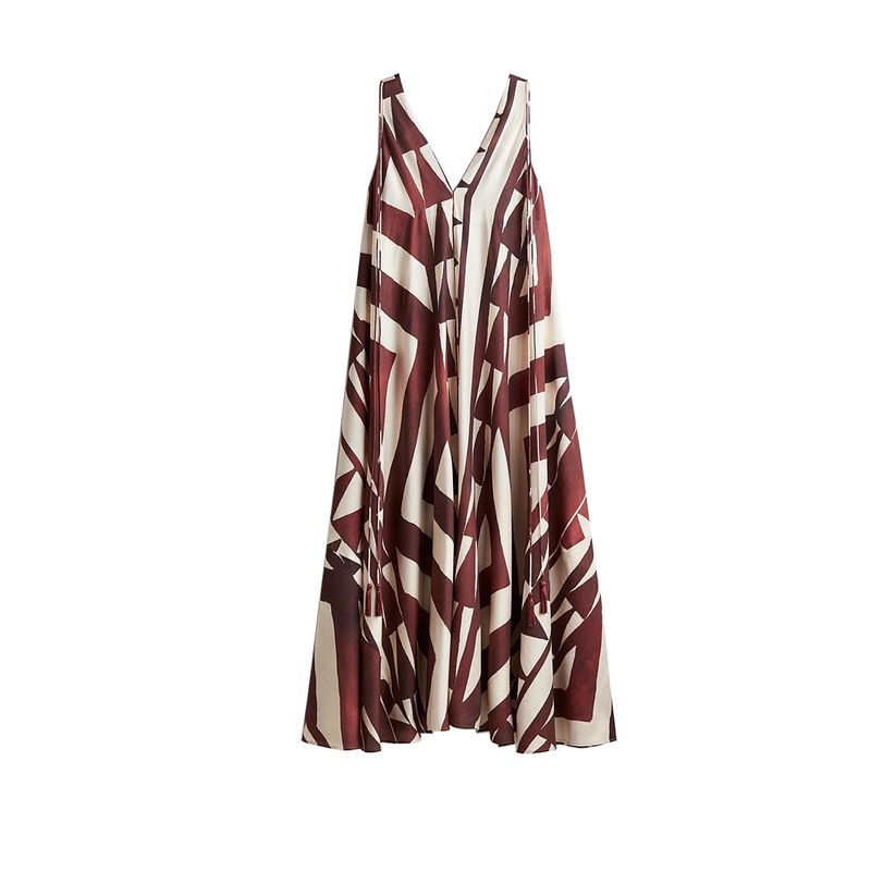 

Summer Women s A- line Flared Hem Print Sling Loose V-neck Vacation Style Dress 1294545 Rust red L