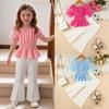 Girls' Fashion Set: Summer Children's Tulle Puff-Sleeve Fitted Top + Solid-Color Flared Pants + Belt (3-Piece Set)