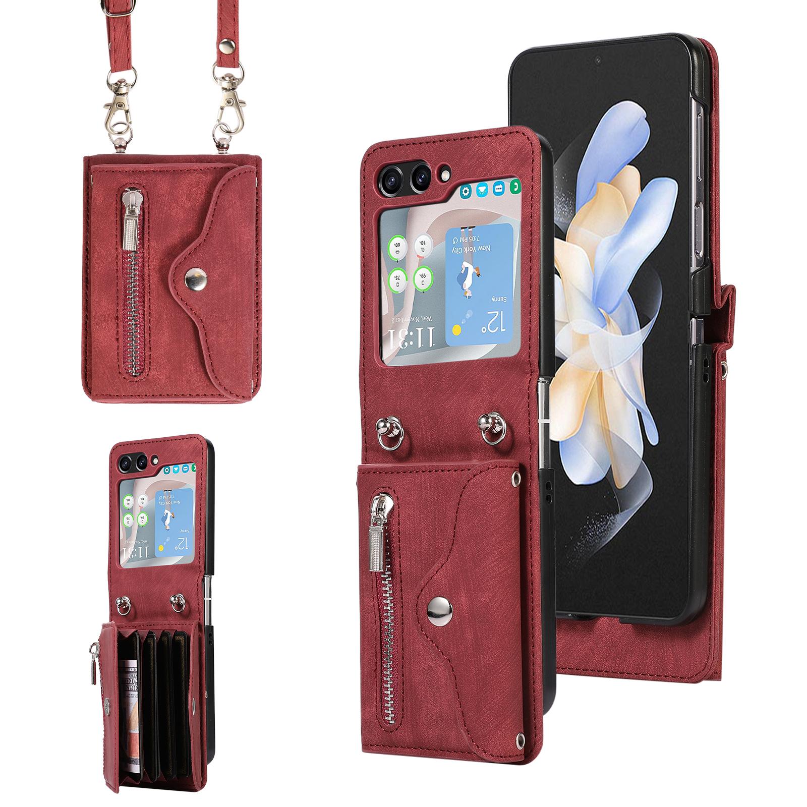 

For Samsung Galaxy Z Flip7 5G Cell Phone Case PU Leather+TPU RFID Blocking Card Slots Cover with 2 Straps Red