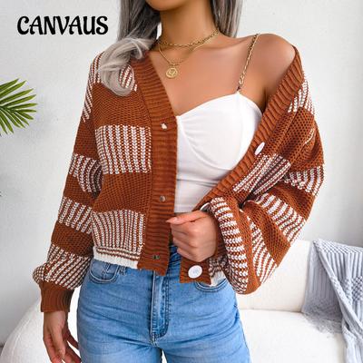 Jesienno-zimowy damski sweter rozpinany Modny sweter w paski z latarnią w paski