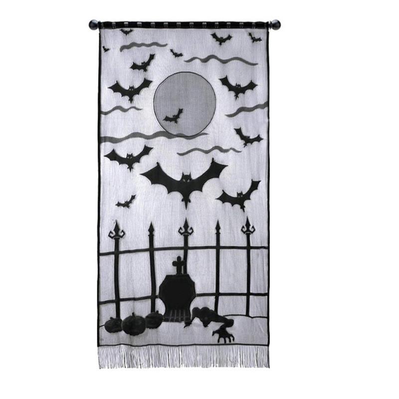 Stylowy Czarny Koronkowy Bieżnik na Stół Halloweenowy z Przerażającymi Wzorami Nietoperzy i Pajęczyny