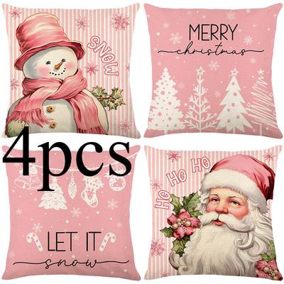 4pcs/Set Pink Santa Claus Pillow Cover Linen Printed Letter Sofa Cushion Cover Home Living Room Bedroom Pillow Without Pillow Core