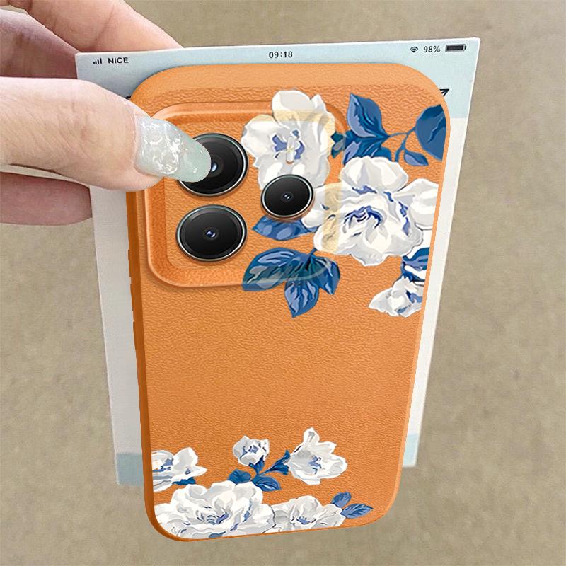 White Gardenia Floral Pattern Case For Xiaomi 14T 13T 11T Pro Funda Redmi Note 14 13 12 11 Pro 5G 4G Leather Texture Silicone Cover
