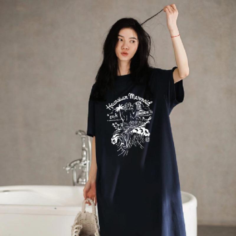 

Summer New Fashion Mid-length Large-sized Slit Printed T-shirt Long Dress Long Knee-length Dress 4XL тёмно-синий