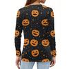 Women's Halloween Print V-Neck Long Sleeve T-Shirt with Decorative Buttons Casual Top