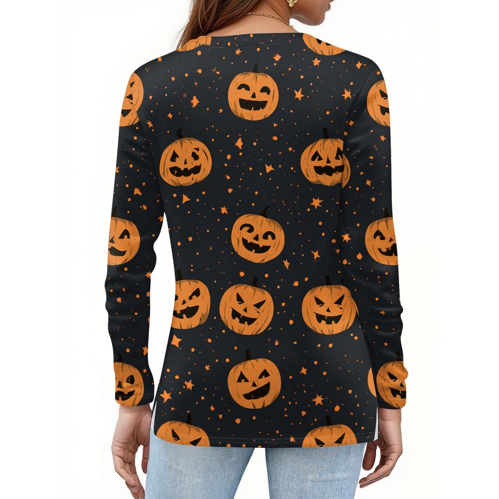 Women's Halloween Print V-Neck Long Sleeve T-Shirt with Decorative Buttons Casual Top