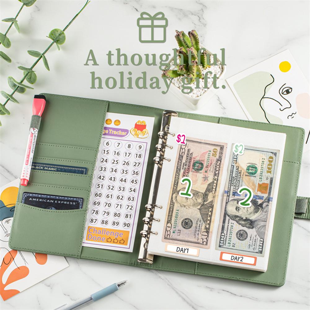 100 Envelopes Money Saving Challenge Budget Binder PU Leather Cover with Cash Envelope PVC Pocket