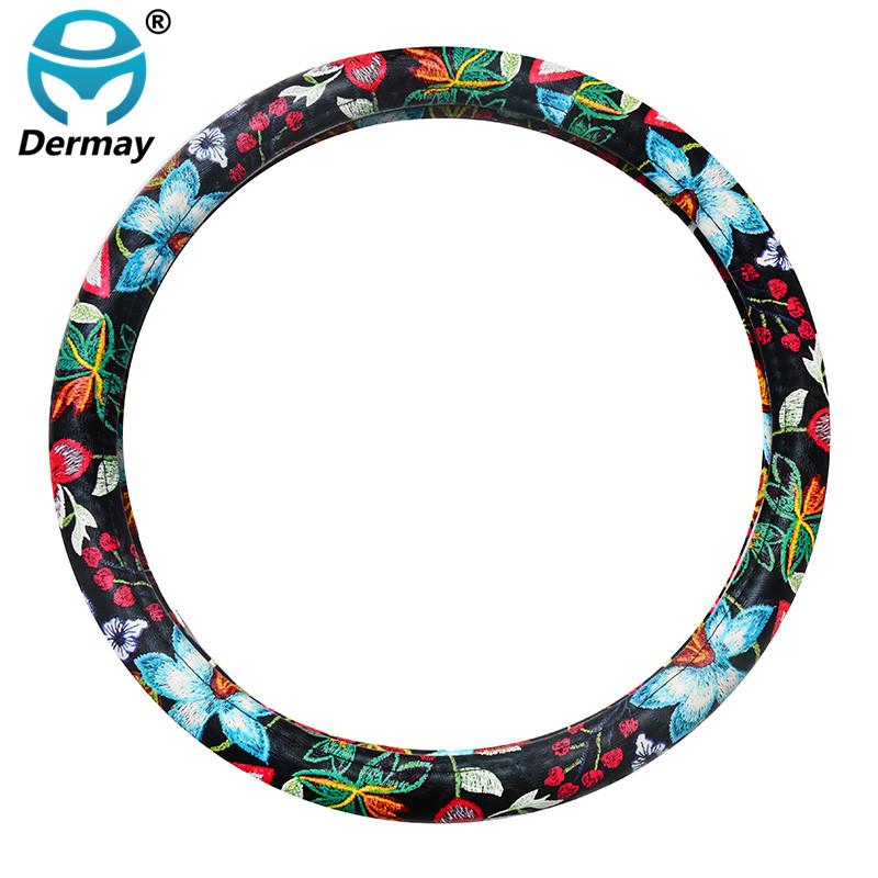 

DERMAY из искусственной кожи, милый автомобильный чехол на руль с цветочным принтом, мультфильм для девочек и женщин, автомобильный Стайлинг, подходит для руля 14-15 дюймов чёрный