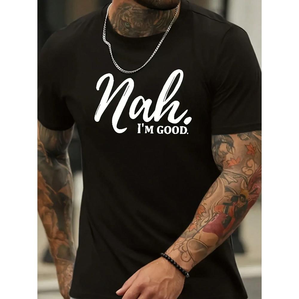 

Men s No I m Fine pattern T-shirt black cotton short sleeves crew neck casual style machine washable S
