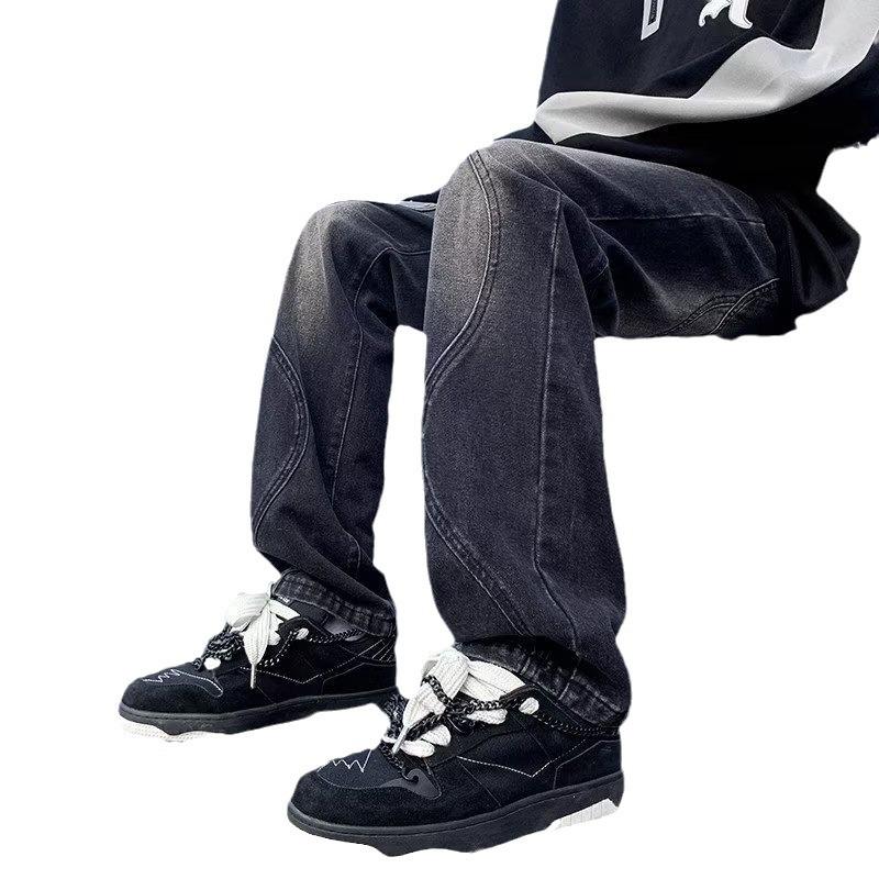 Guochao American Vibe Pants High Street Washed Old Black and Gray Jeans Men's Loose Straight Drape Wide-leg Pants