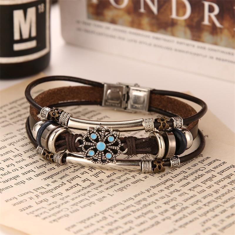 One Piece Vintage Flower Bracelet and Bangles Bohemian Style Multi-Layered Leather Bracelet Women Men Wrap Women Punk Jewelry Gift