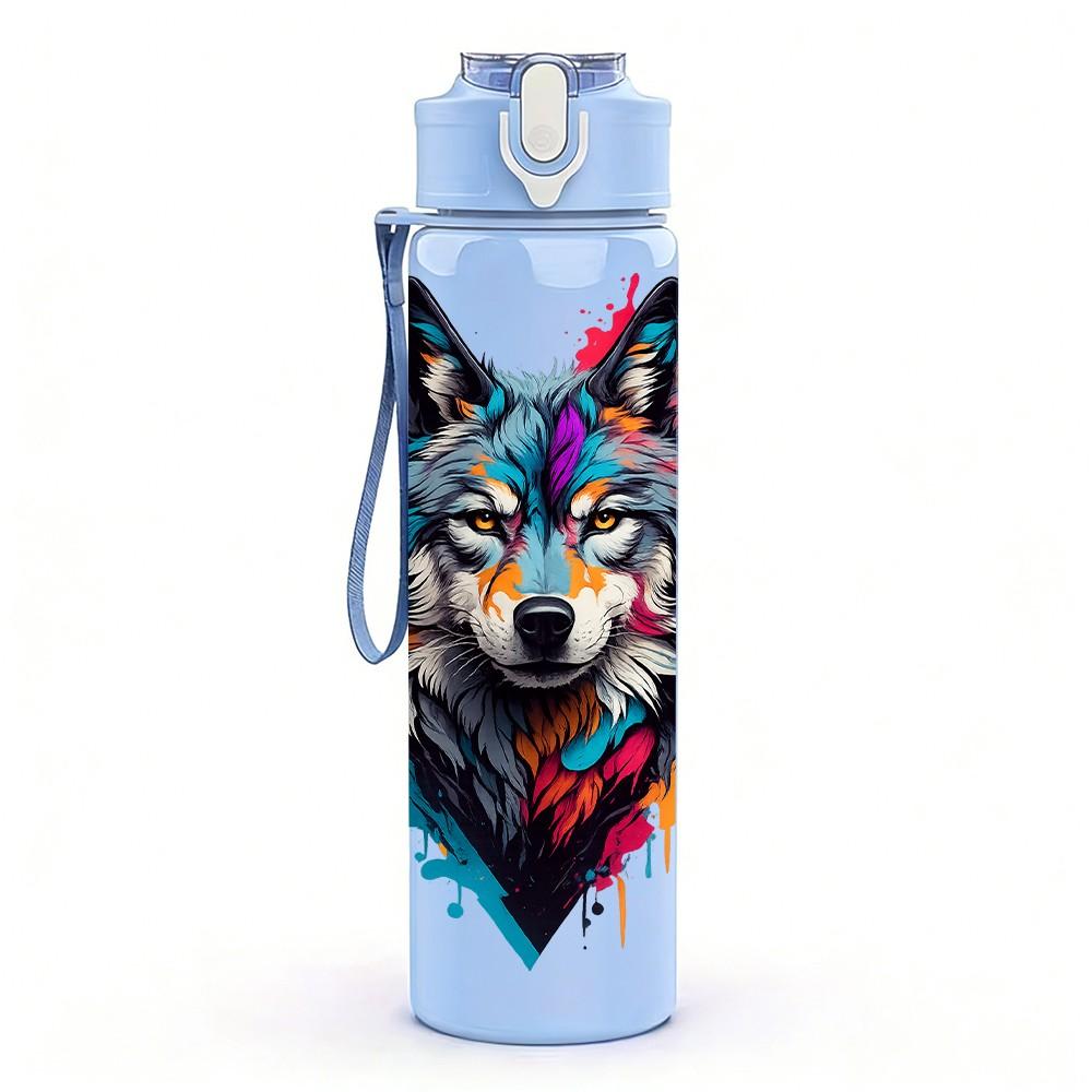 1PC Colorful Wolf Beast Animal Pattern 750ml Color Plastic Sports Water Bottle Leakproof Flip Straw Lid Suitable for Sports Office Home Use