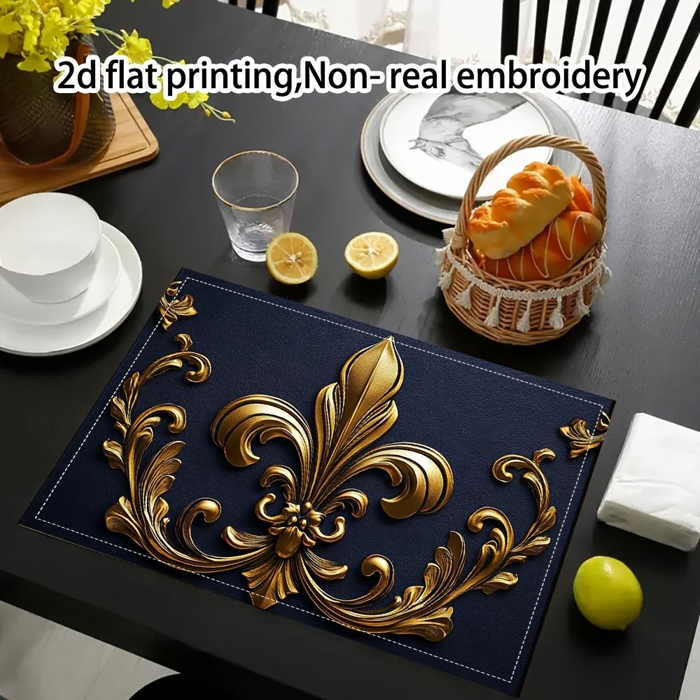 of 4, Elegant Floral Design Placemats in Golden And Dark Blue, Perfect for Dining Tables, Kitchens, Parties, And Festive Occasions, Measuring 12 by 18