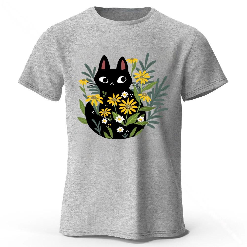 Spring Literature Clear Black Cat Printed Cotton T-shirt for Men Fashion Casual Plus Size Loose Short Sleeve Soft Top