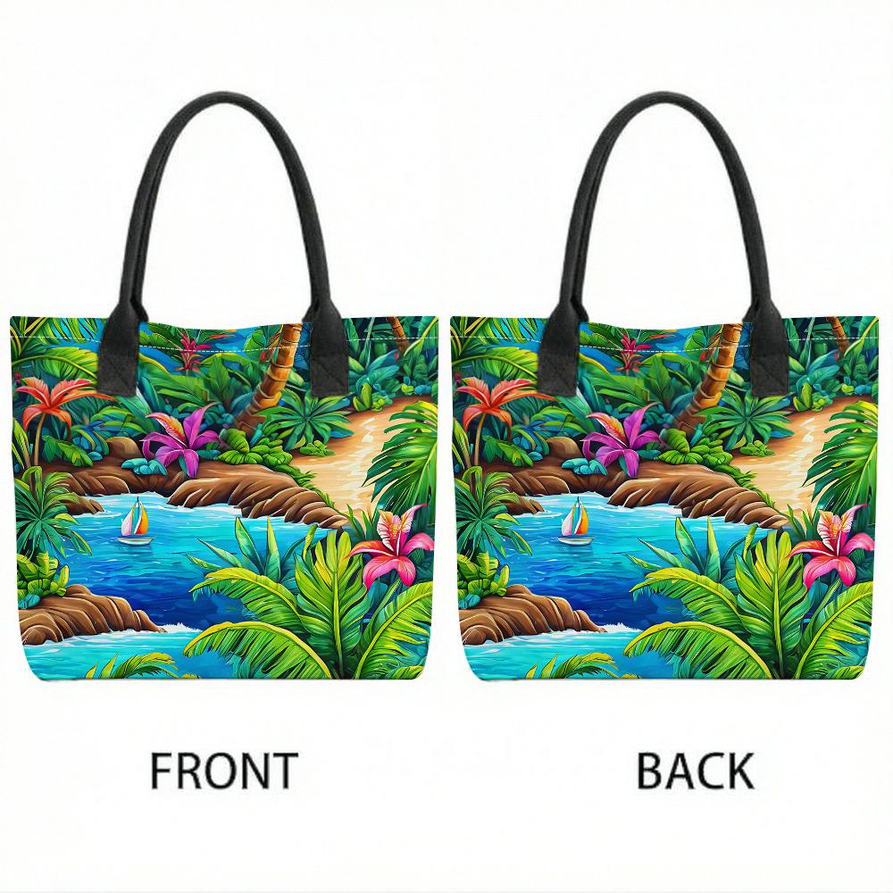 Tropical Beach Print Tote Bag Casual Large Capacity Shoulder Handbag for Vacation Daily Use