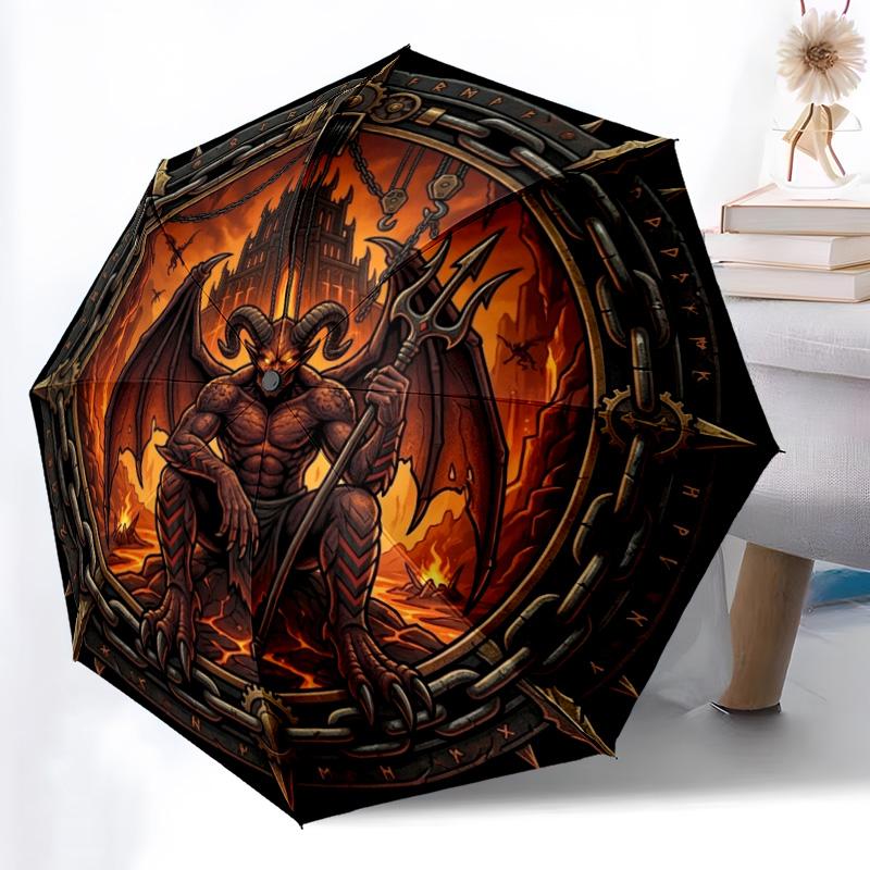Devilish Inferno Emblem pattern umbrella, portable and foldable design, 8 ribs, a casual accessory for Halloween, Christmas, and birthday gifts.