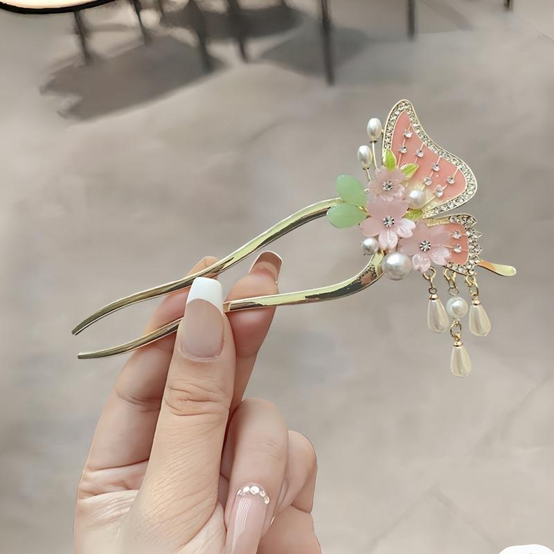 New Chinese temperament flower butterfly hairpin pearl fringed hairpin ancient Hanfu cheongsam plate head accessories hairpin