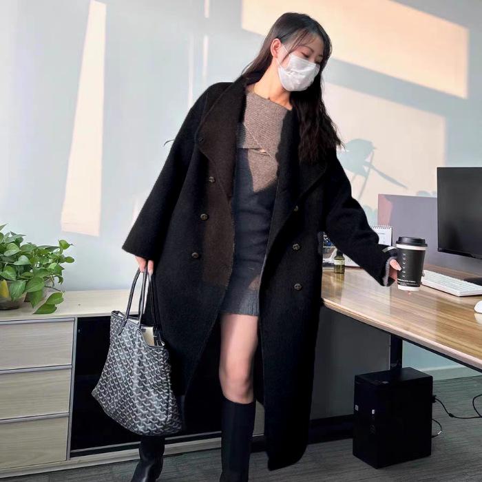 Women s Trendy Gray Double-Breasted Long Wool Coat with Stand Collar S Thickened